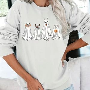 Halloween Dog Ghost Print Pullover Sweatshirt For Fall